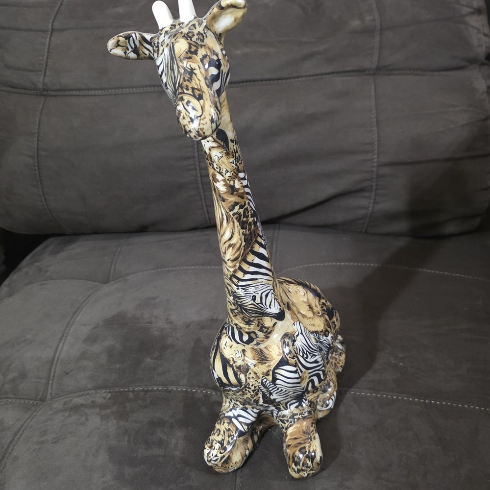 Vintage La Vie Ceramic Sitting Giraffe Safari Patchwork Animal Print Figurine